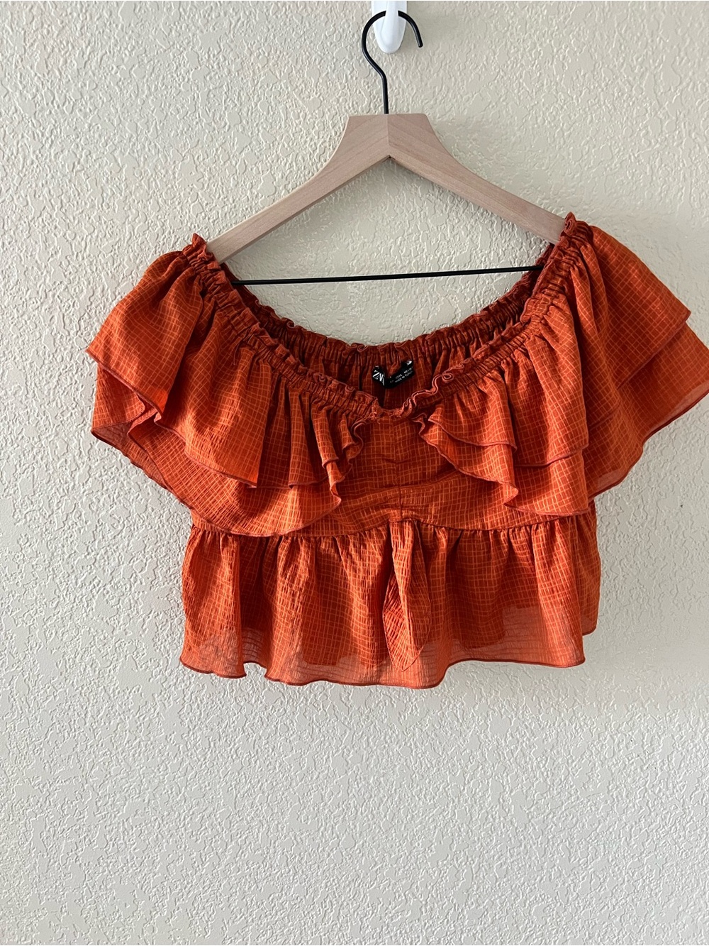 Zara Orange Ruffled Off-Shoulder Crop Top